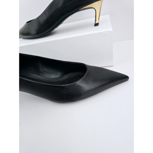 Schutz Lou Mid Curve Black Gold Kitten Heel Pointed Toe Leather Pump Shoes 7.5 - Picture 2 of 12